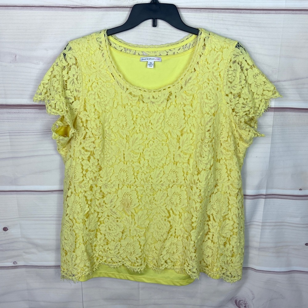 Isaac Mizrahi Live Top Womens 2X Yellow Lace Blouse Short Sleeve Round Neck